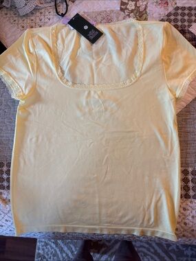 wild fable Lemon Yellow Lace-Trim Square Neck Short Sleeve Top